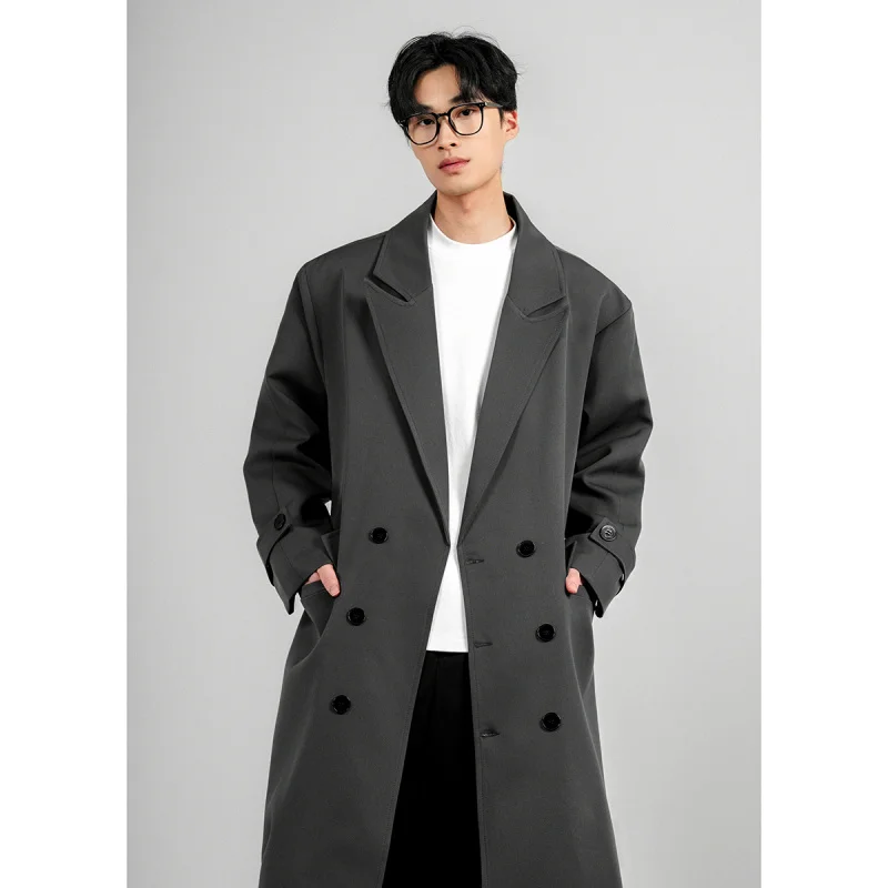 

Tangz Studio Double Row Buttoned Long Coat for Men Sli Korean Trendy Casual Outerwear Spring Season Loose Fit Long Sve