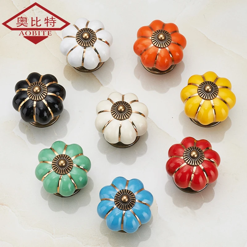 AOBT Colorful Pumpkin Kitchen Cabinet Storage Ceramic Knob Closet Dressers Wardrobe Handle Single Hole Cabinet Furniture Home