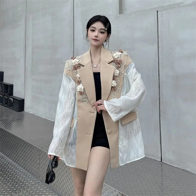 Women's Blazers Coat Embroidered Flower Patchwork Lace Suit Summer New Sunscreen Top