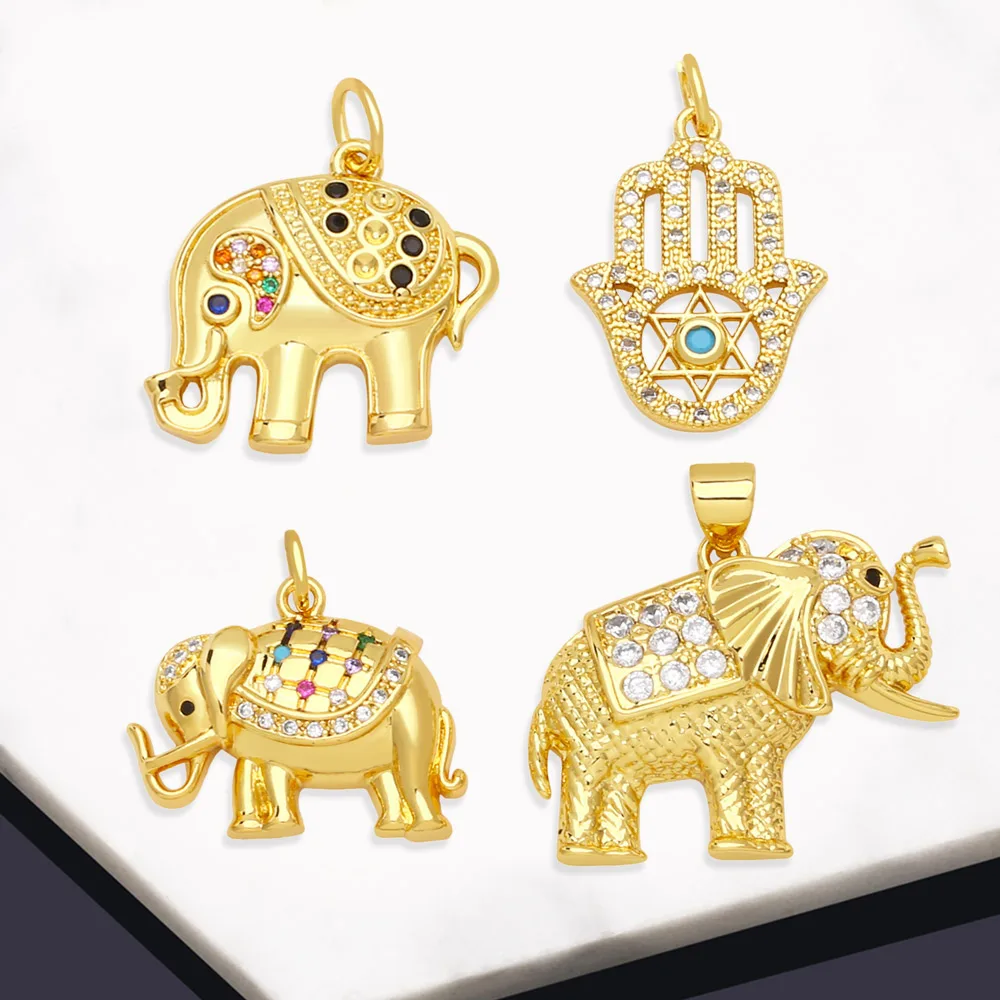 OCESRIO Crystal Brass Elephant Pendant for Necklace Copper Gold Plated Fatima Hand Handmade DIY Jewelry Making Supplies pdta898