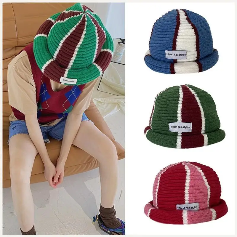 قبعة متماسكة مخططة مستديرة رائعة، قبعة صغيرة، قبعة الهيب هوب، قبعة الجمجمة، مناسبة للجنسين #1