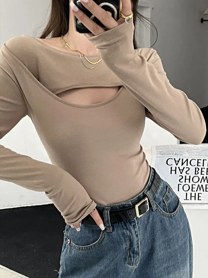 

Arazooyi 2023 Spring Solid Bottoming Tees Women Hollow Out Sexy Slim New Full Sleeve Pullovers OL Chic All Match T-Shirts