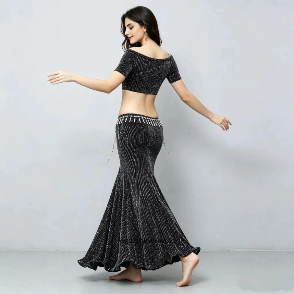 Women 2 Pieces Belly Dance Costume Set, Elegant Top Skirt With Neckband, Stage Performance Daily Practice Dance Outfit