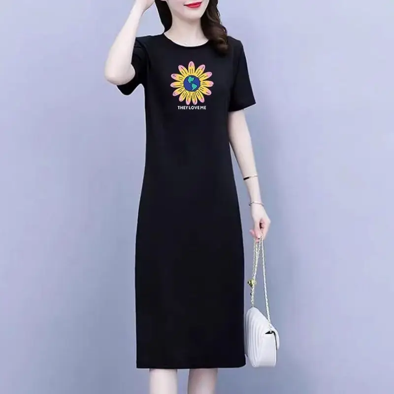 2024 Summer Korean Version Minimalist Casual Versatile Fashion Trend Round Neck Printed Slim Fit Short Sleeved Dress for Women