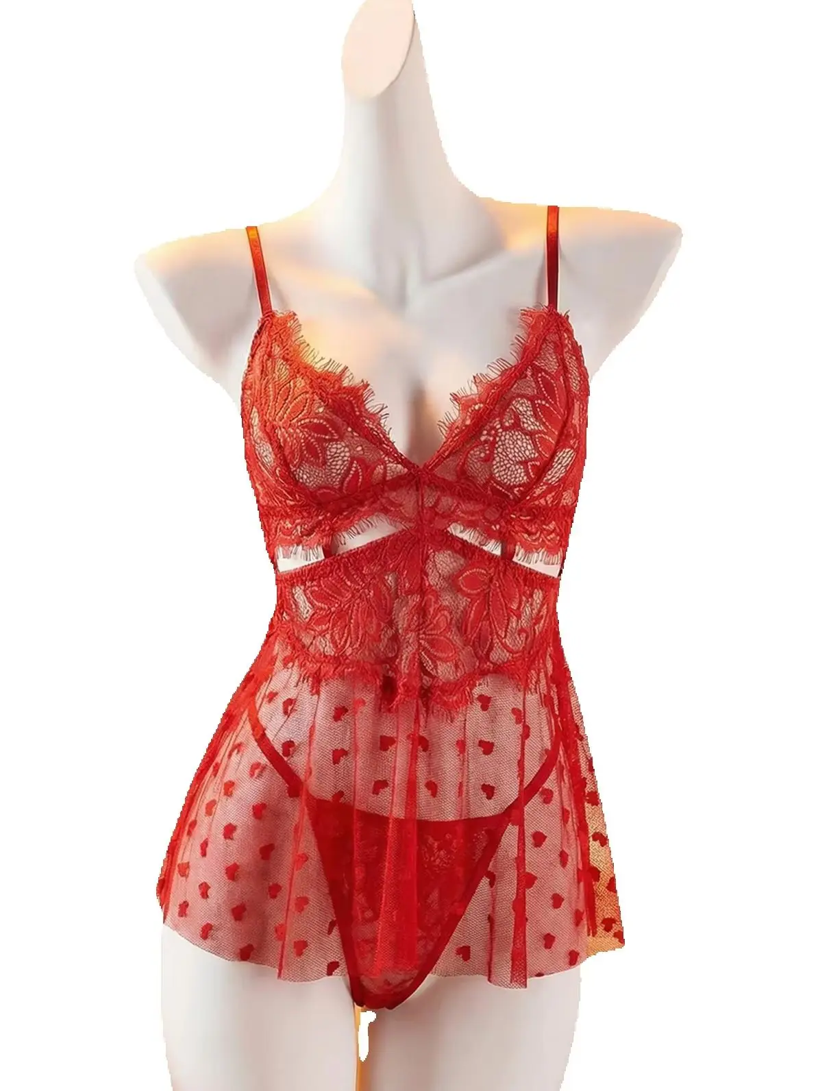 Women Valentine Heart Mesh Lingerie, Eyelash Lace Cami Babydoll Nightwear With Multi Straps Back