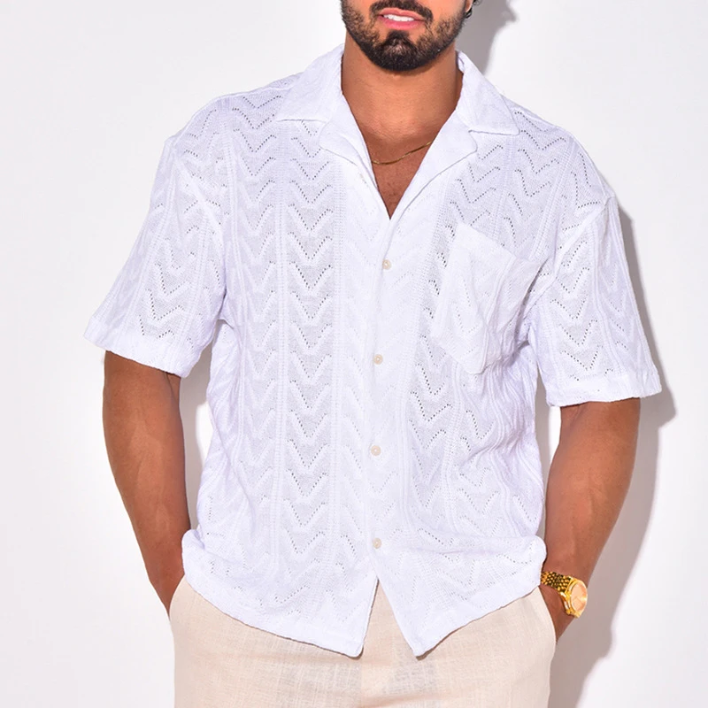 Camisa de punto transpirable para hombre, Tops abotonados de manga corta con solapa, estilo playero, tejido de ganchillo Jacquard Vintage