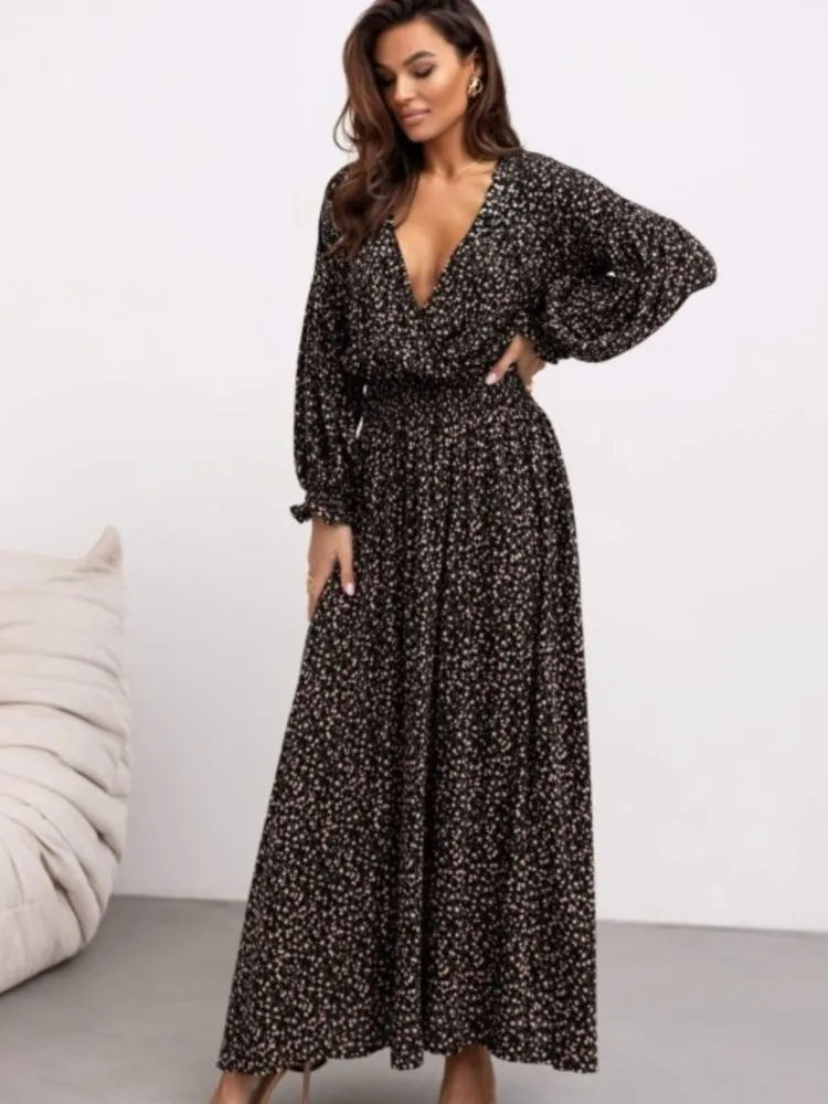 Robe Longue Imprimée Style Boho pour Femme, Col en V, Manches sulf, Haute, Ligne A, Fente Latérale, Élégante, Bureau, Été, 2024