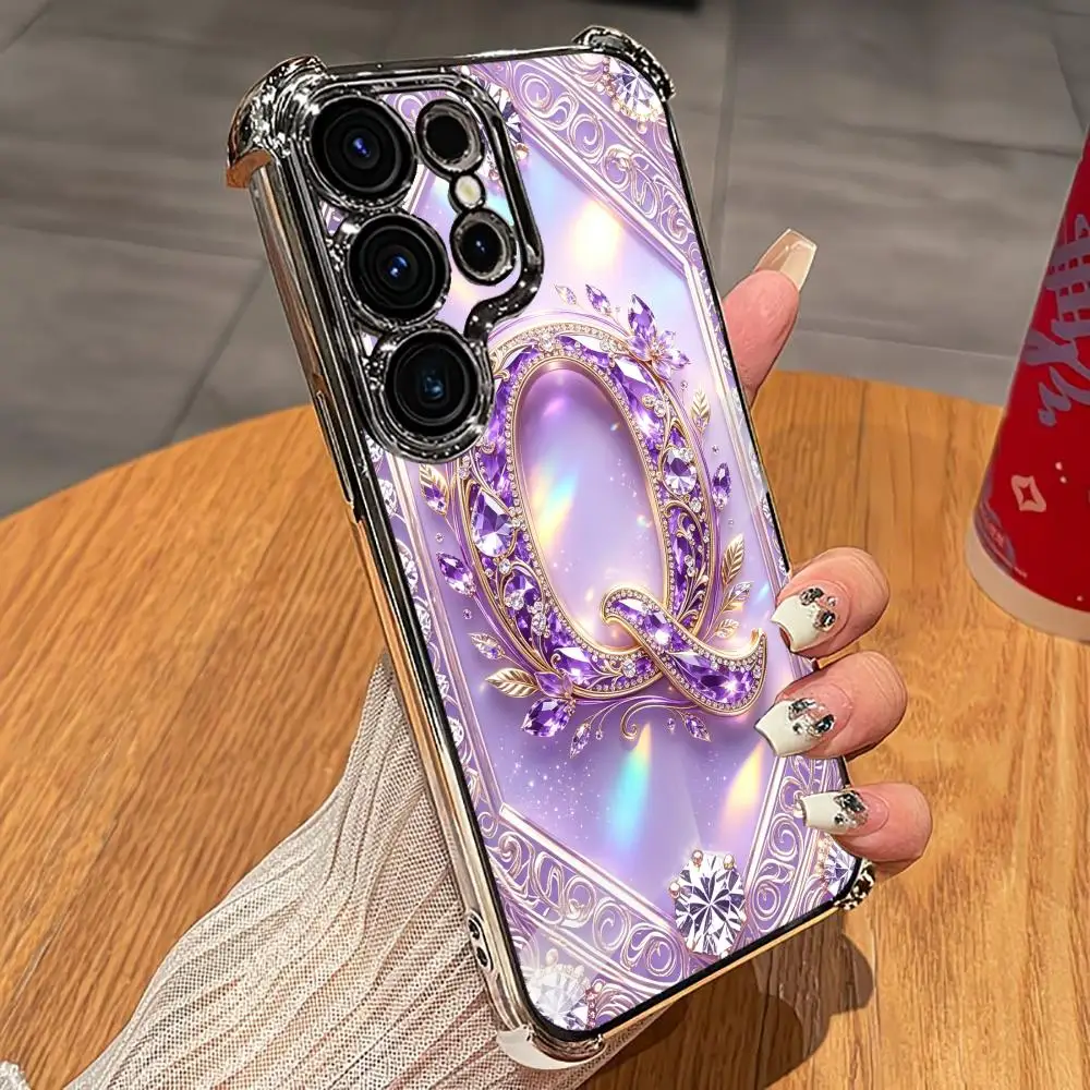Purple gem letter Q Electroplated Soft shell phone case for Samsung Galaxy S26 S25 S24 S23 S22 FE,Ultra,Plus Drop resistant