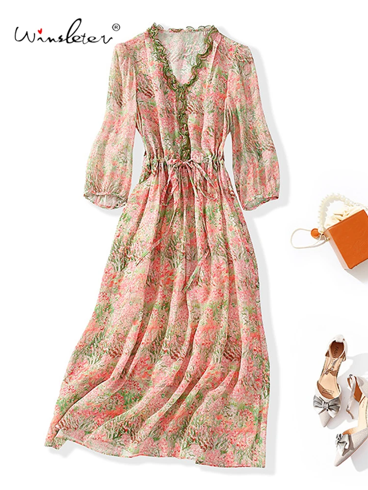 

Winsleter-Women's 100%Real Silk Elegant Dress, V Neck Half Sleeve Print, Versatile Commute Ruffles Dresses, 2025 Summer D55612CC