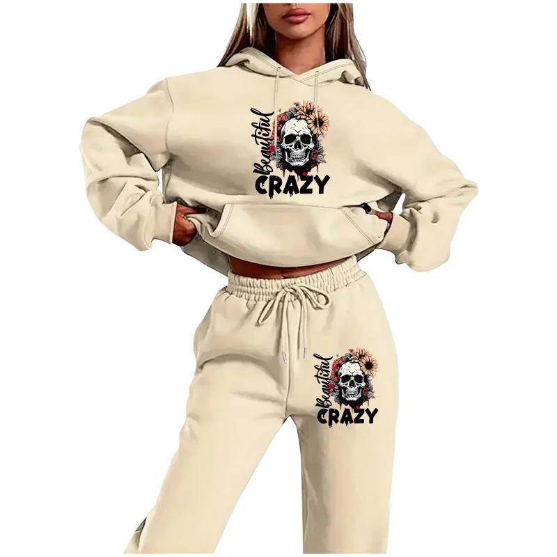 Women's Hoodie+Sports Pants Set Hip Hop Street Casual Skull Letter Printed Hoodie Loose Sports Shirt Autumn Warm Wool Clothing
