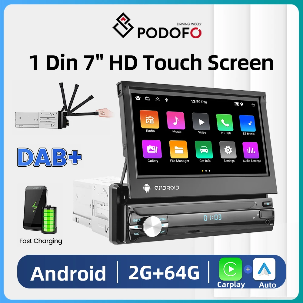 

Podofo Car Multimedia Player 1 Din Android 2+64GB Radio GPS Stereo Receiver 7" Video Universal For VW Nissan Toyota KAI No DV