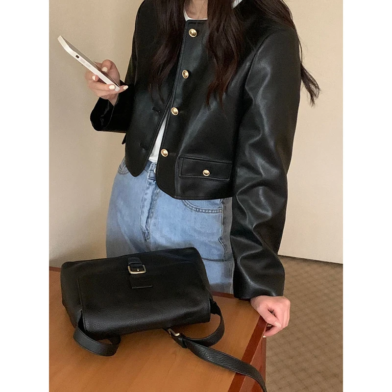 Korean Style Black Jacket Women's New Fashion Retro Single-Breasted Leather Jacket Women's Street Wear O-Neck Short Jacket Coat