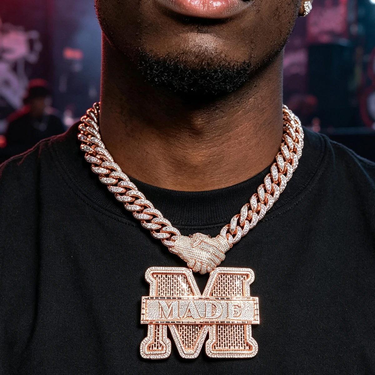 Iced Out 3D Handshake M MADE Letter Pendant 18K Rose Gold Plated Cubic Zirconia Hip Hop Charm Sparkling Statement Jewelry 3D Layered Design For Rapper Street Fashion Unisex Bling Accessory Party Club Daily Wear Fine Jewelry Gifts for Men Boy Friends