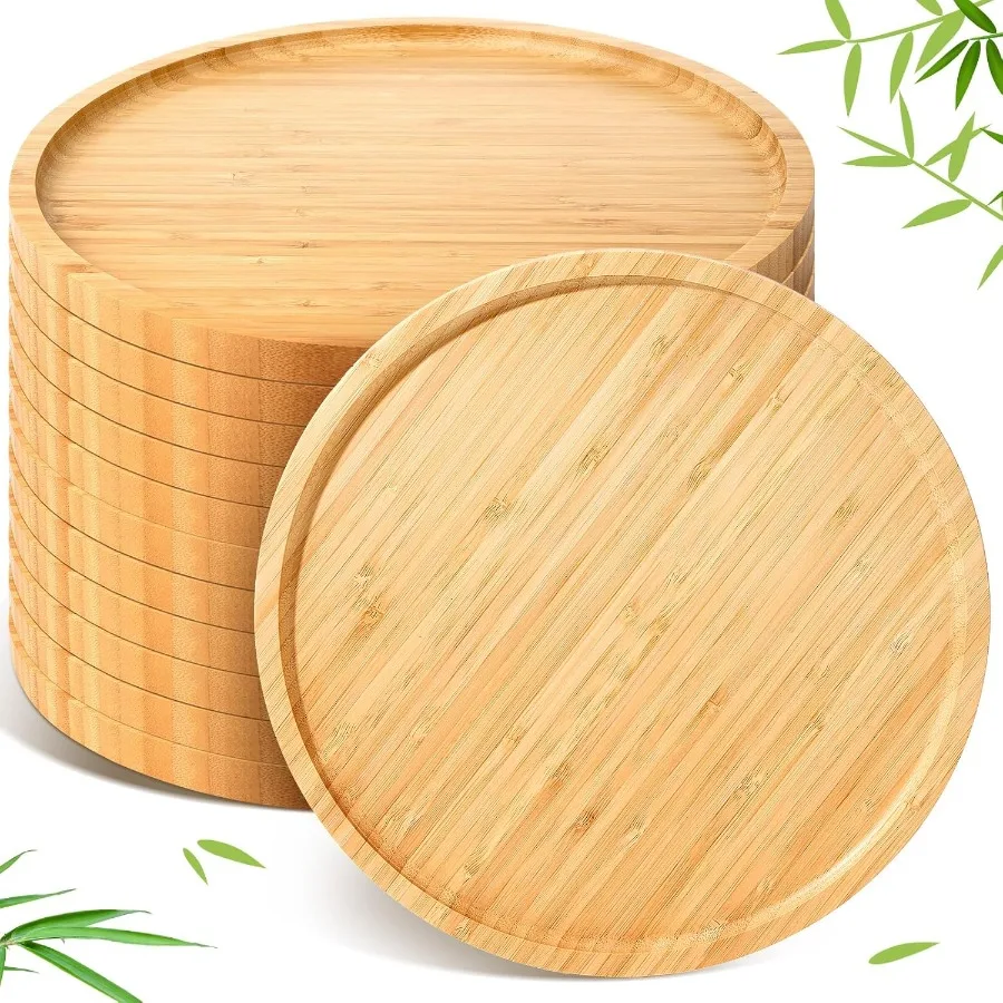 

12 Pcs Round Wood Trays Round Charcuterie Board Bulk Bamboo Serving Platter with Rim Polished Wooden Vegetable Platter for Hold