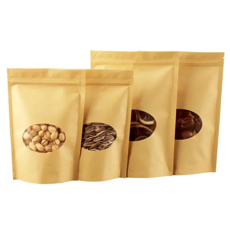 

50PCS Resealable Kraft Paper Bags with Oval Window - Food Storage Pouches for Coffee Beans, Tea, Nuts, Spices, Candy & Snacks