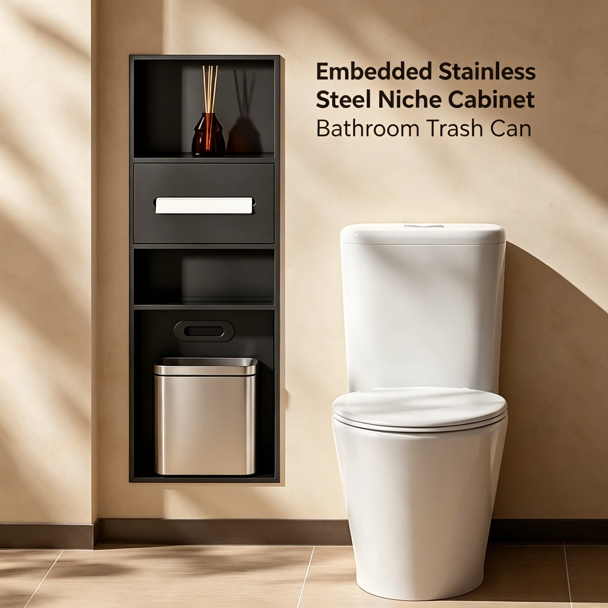 

304 Stainless Steel Recessed Bathroom Niche, Built-in Trash Can & Toilet Brush Holder, Open Wall Storage Cabinet