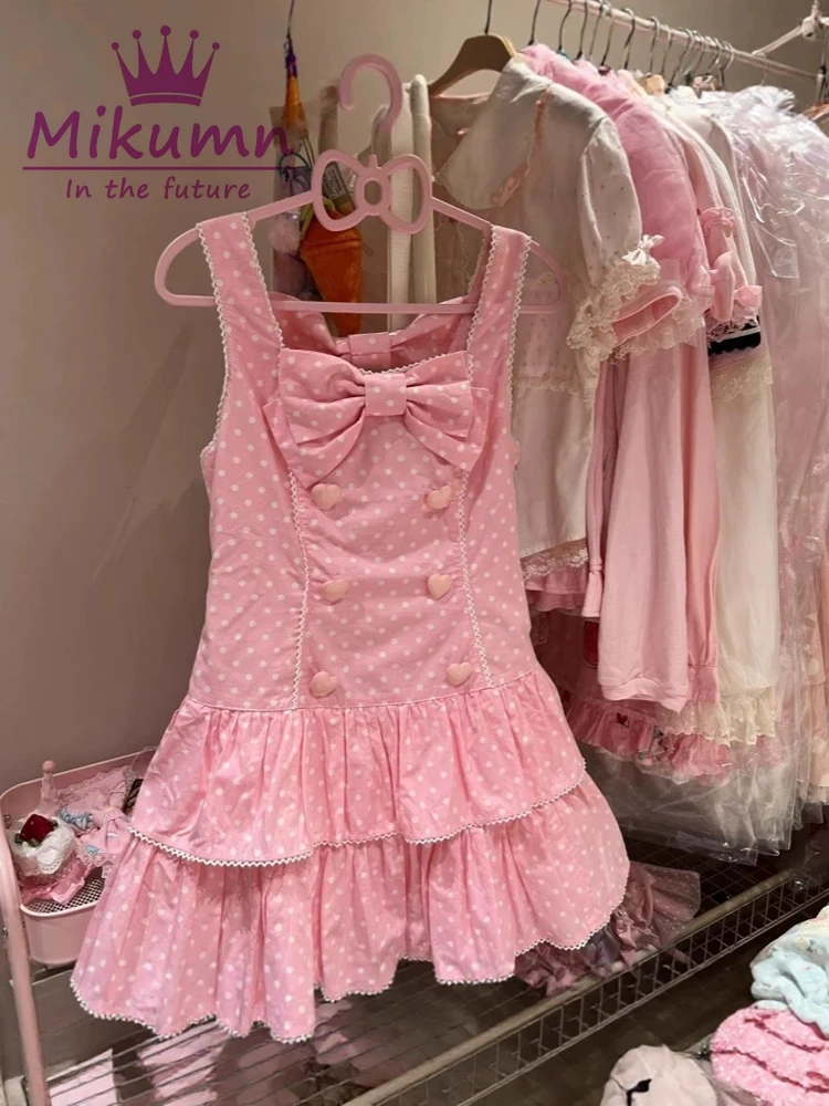 Mikumn Japanese Kawaii Lolita Style Strap Dress Harajuku Sweet Pink Bow Polka Print Mini Dress Women Girls Y2k Party Mini Dress - Image 4