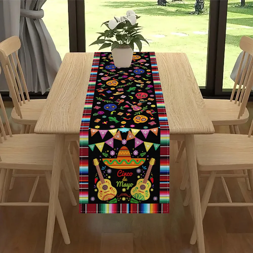 Mexican Colorful Flowers Guitar Hat Sugar Skull Table Runner Mexico Day of The Dead Dia De Los Muertos Table Runners Home Decor