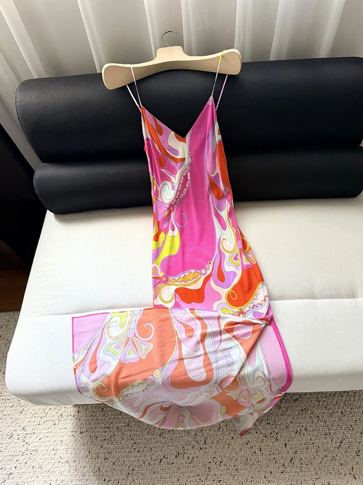 Summer Fashion Beach Tourism Resort Elegant Vintage Print Long Dress Women's Spaghetti Strap Sexy High Side Split Slim Dresses