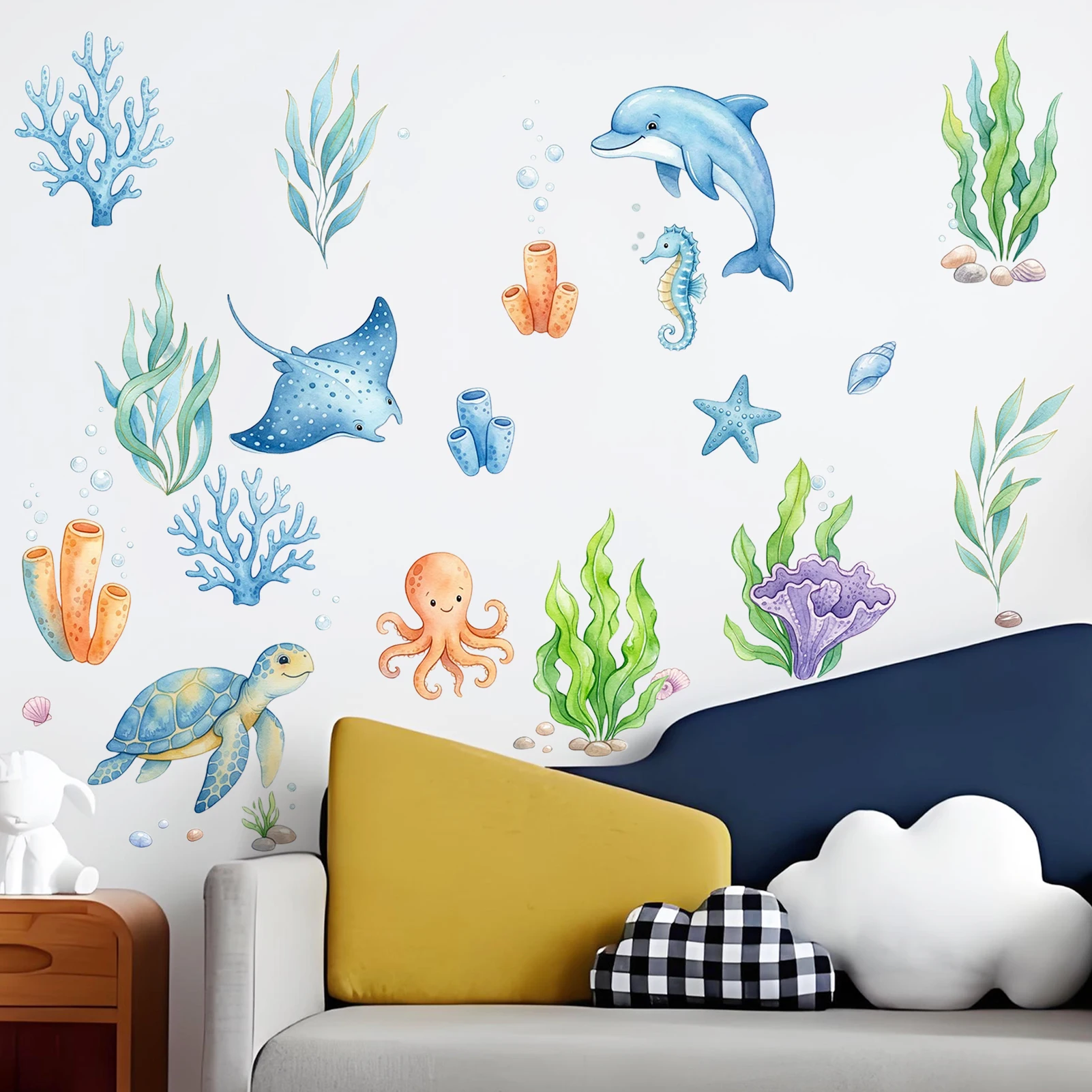 Watercolor Ocean Life Wall Decal, Set of Sea Turtle, Dolphin & Coral Reef Marine Vinyl Wall Stickers for Home Decor