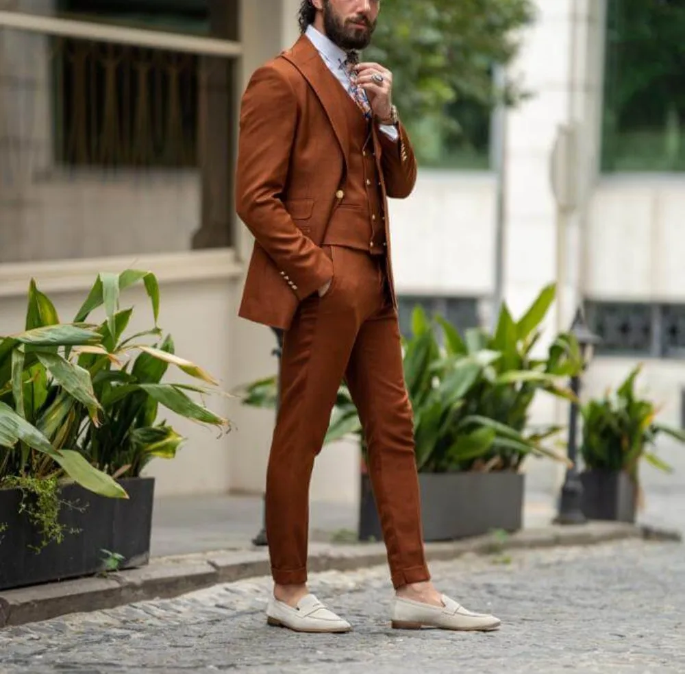 Trajes formales de moda marrón para hombre, Blazer hecho a medida para fiesta de boda, conjuntos de novio, chaqueta de 3 piezas + Pantalones +