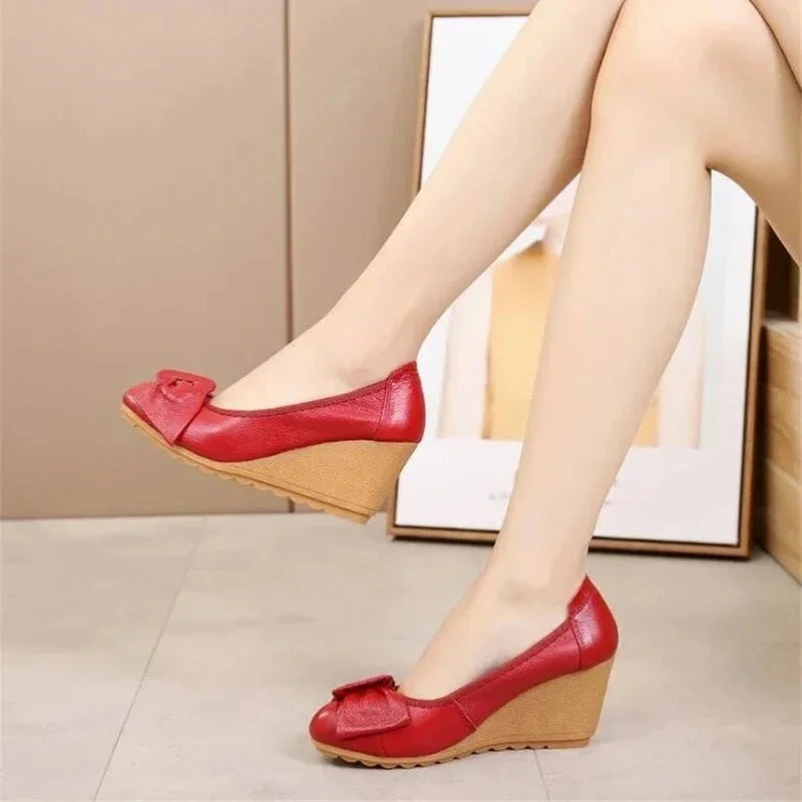 Элегантные женские туфли на танкетке для свадебной вечеринки, женские туфли-лодочки из натуральной кожи, женские туфли на высоком каблуке
