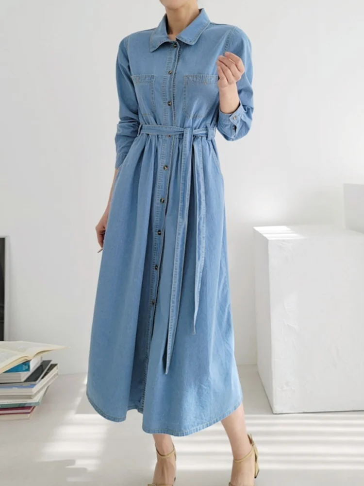 [EWQ] Vintage Fashion Single Breasted Lace Up Denim Dress Elegant Casual All Match Long Dresses Women 2024 Spring Autumn 16U7550