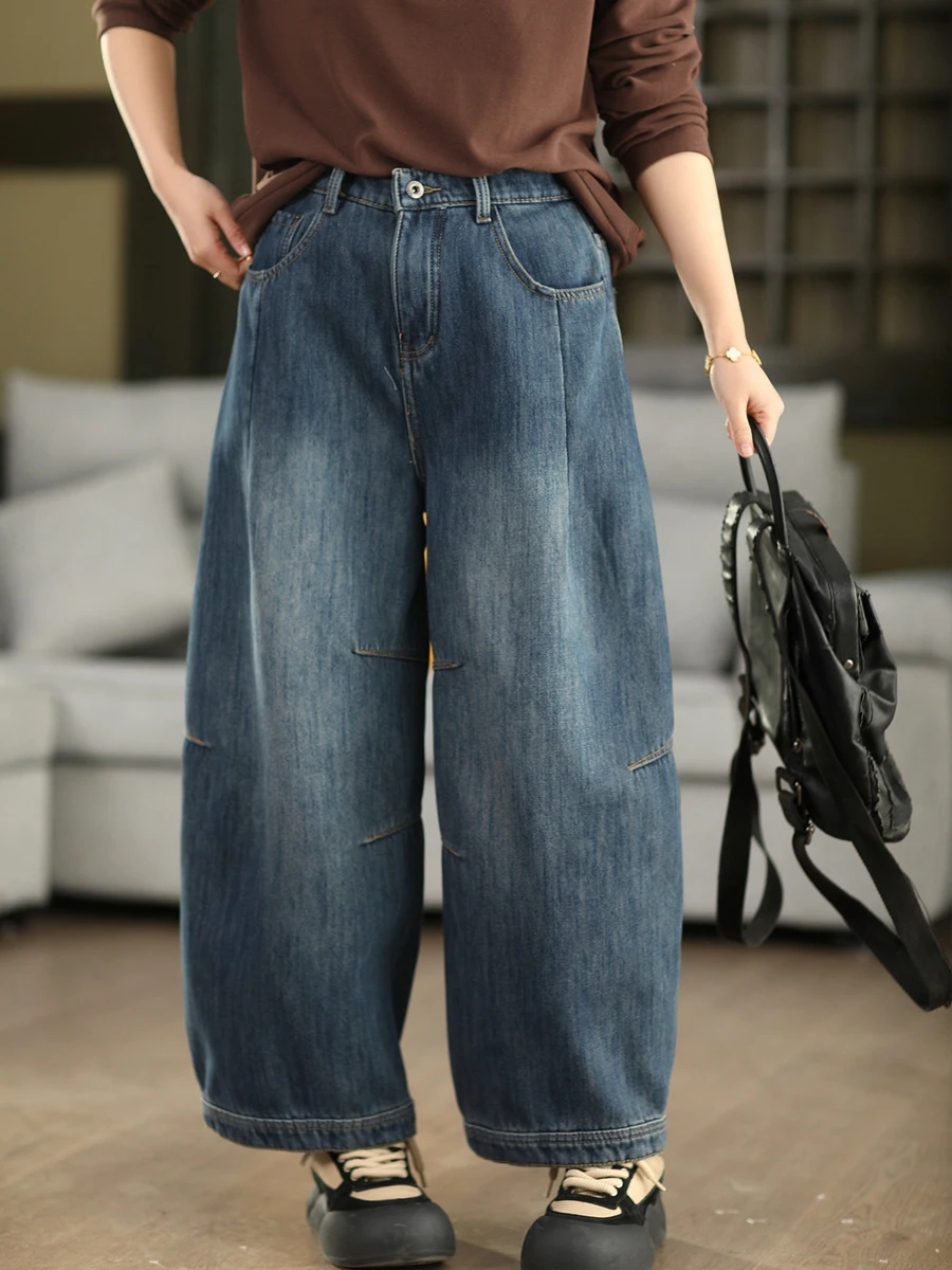 

Зимние утепленные джинсы с высокой талией на флисовой подкладке, винтажные повседневные брюки, облегающие теплые длинные брюки, женская мода