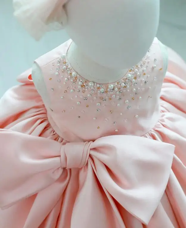 Infant Girl Cute Pearls Bow Newborn Baptism Dress Baby Girls Sleeveless Party Christening Dresses 1 Year Birthday Outfits y329