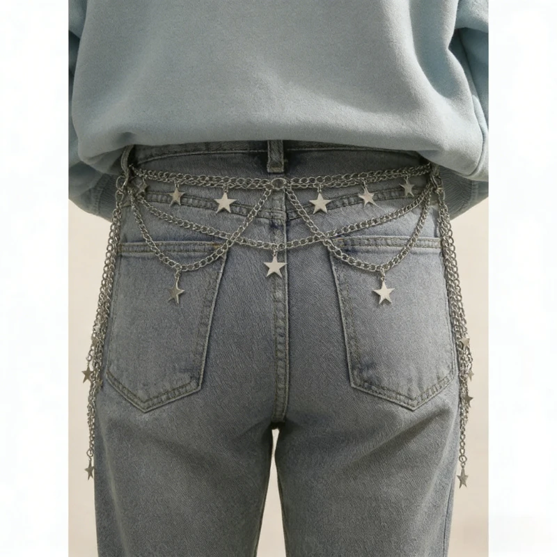 1 unidad Cinturón de cadena para hombre, estilo Y2K con dije de estrella, de varias capas, estilo urbano, para pantalones vaqueros, accesorios de vestimenta