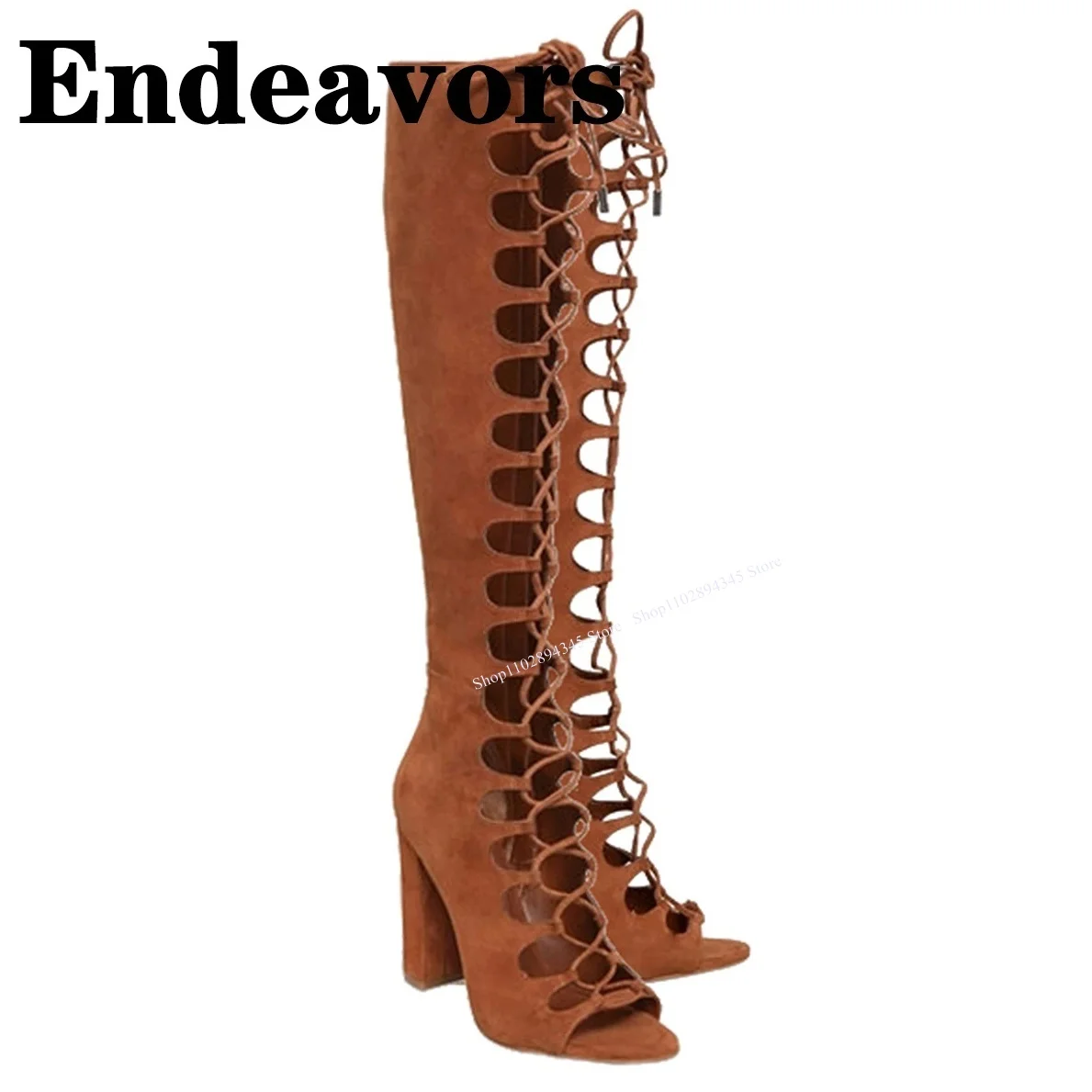 

Brown Crossover Strap Knee High Boots Chunky Heel Peep Toe Fashion Cool Summer Casual Big Size Woman Shoes Zapatillas Mujer