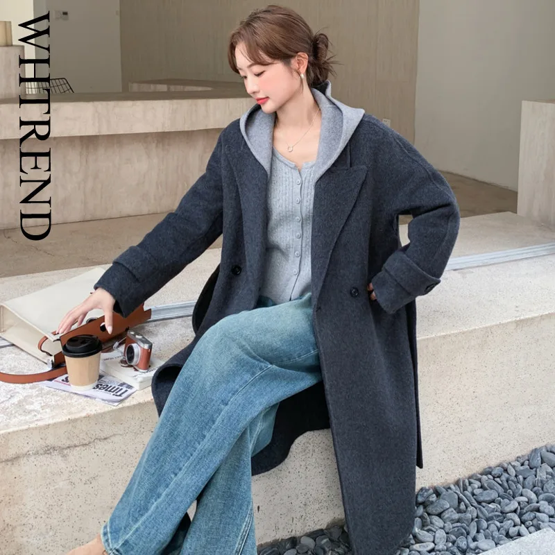 

WHTREND шерстяные пальто с капюшоном для женщин, зимние шерстяные пальто с длинными рукавами и поясом, женская модная уличная одежда WH2103