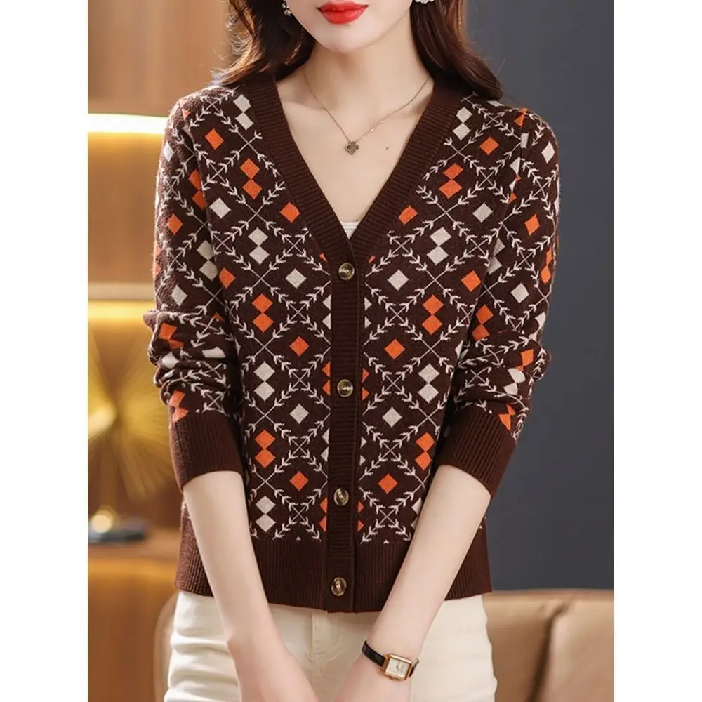 Spring Autumn Fashion Printing Plaid Knitting Cardigan Sweater Ladies All-match Buttons V-neck Sleeveless Coat Women's Clothing