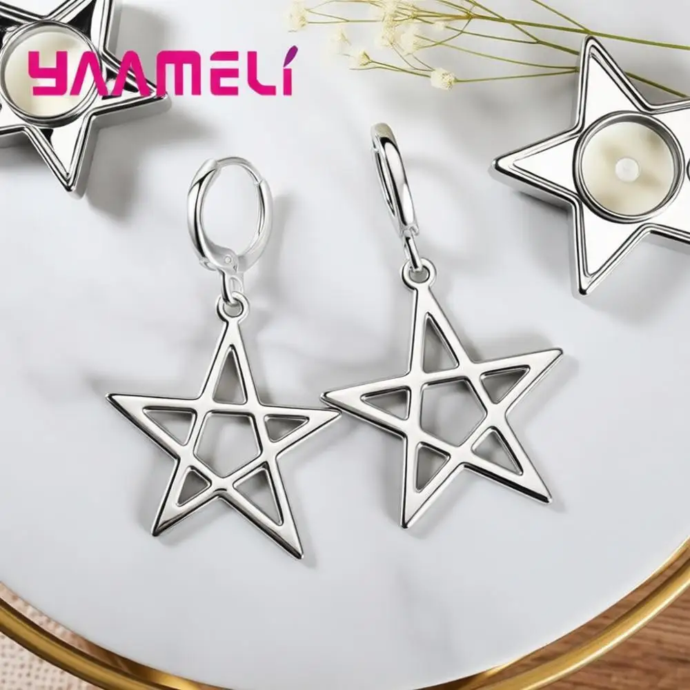 Simple 925 Sterling Silver Five-pointed Star Design Drop Earrings for Women Girl Wedding Engagement Party Jewelry Gift Accessory