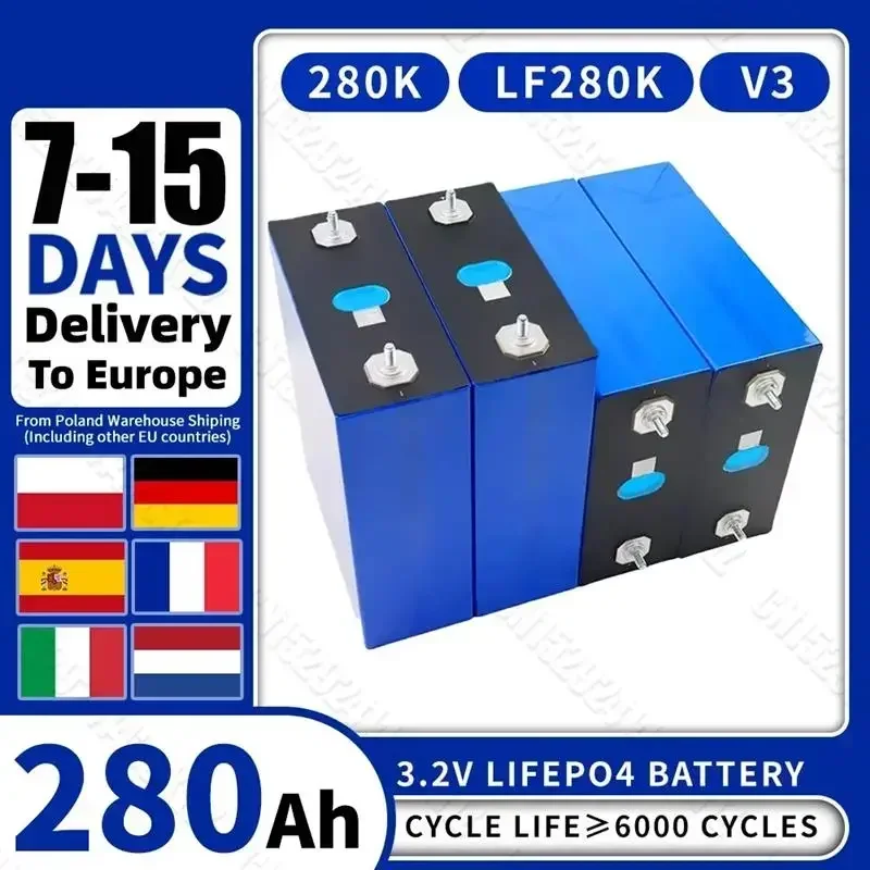 

Top! V3.2V 280AH Lifepo4 Battery LF280K V3 Lithium iron phosphate Cell DIY 12V 24V 48V Solar Batteries For Camping EV Rv EU