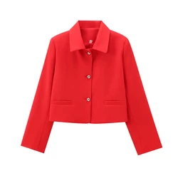 YENKYE New Women  High Street Crop Red Jacket Long Sleeve Lapel Collar Autumn Outerwear Female Single Breasted Short Coats