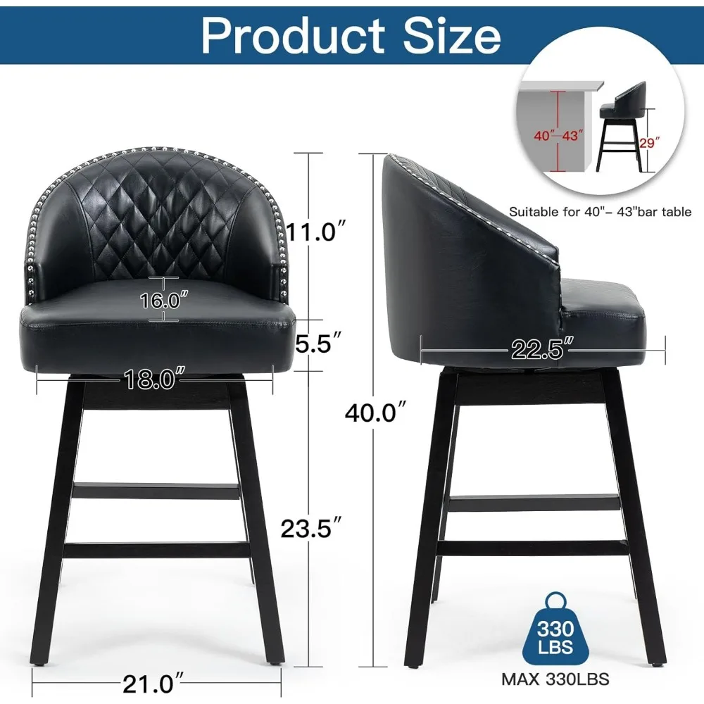 مجموعة من 2 29 مقعدًا دوارًا عاليًا مع أرجل من الخشب المطاطي، جلد صناعي لمقعد طاولة المطبخ