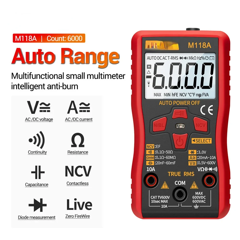 M118A Digital Mini Multimeter Tester Auto Mmultimetro True Rms Tranistor Meter with NCV Data Hold 6000counts Flashlight