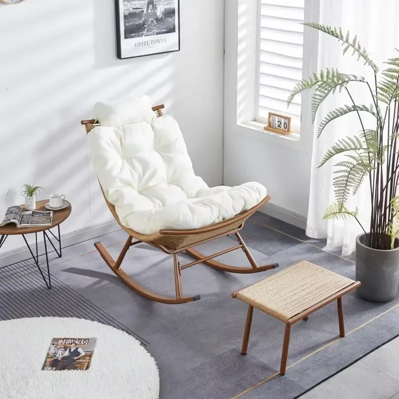 Modern Summer Outdoor Balcony Moon Rocking Chair Casual Simple Backrest Lazy Rattan Home Living Room Recliner Design Hotel
