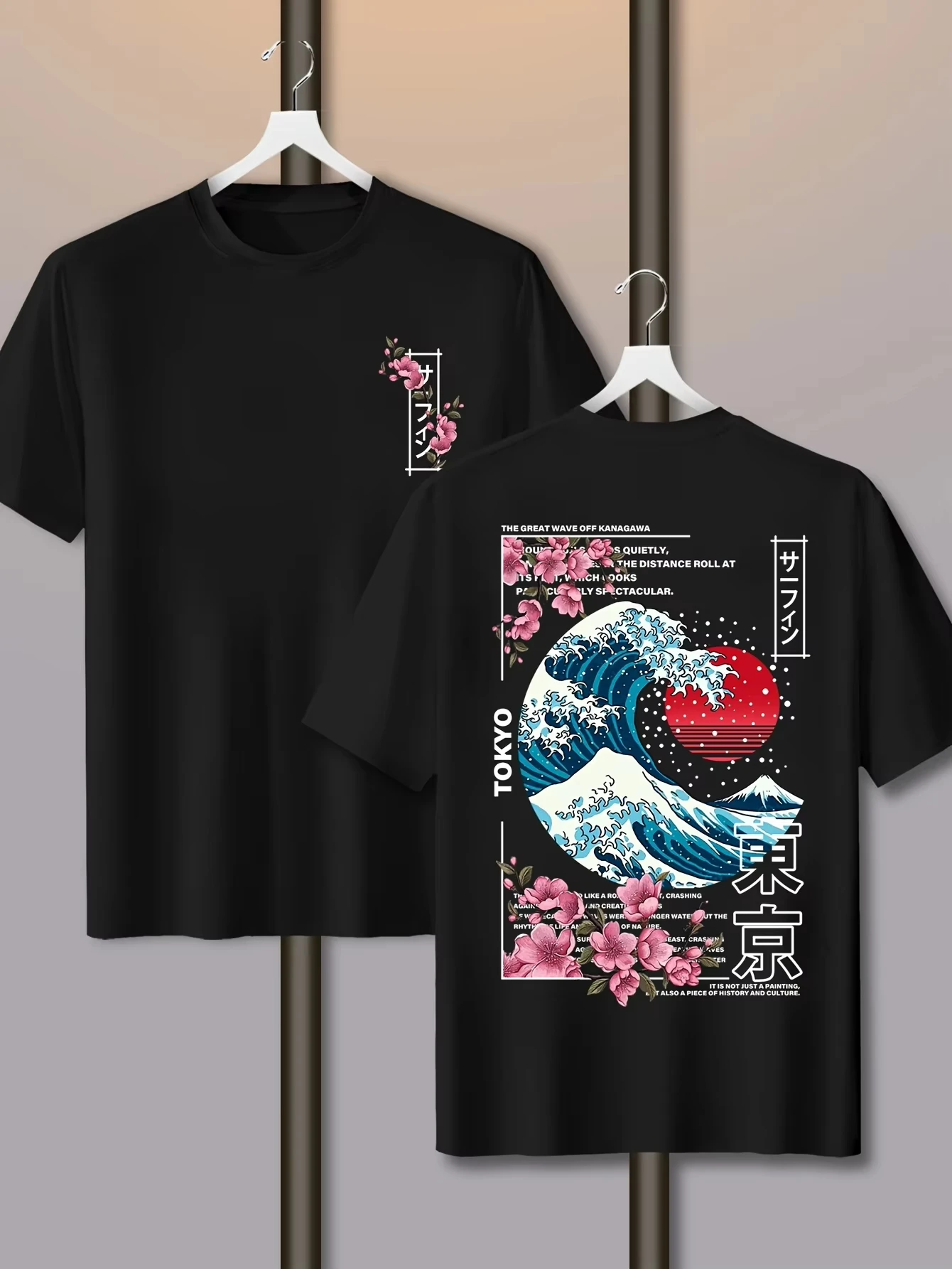 Men's Casual Tokyo Island Sunset Wave Printed Cotton T-shirt Short Sleeved Summer Y2K Street Trend Loose and Comfortable
