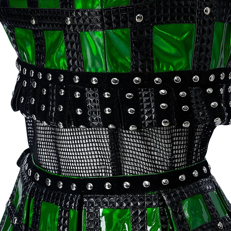 SIX The Musical Cosplay Costume Anne Boleyn Green Faux Leather Mini Skirt Black Fishnet Tights Set for Women’s Halloween Dress view 4