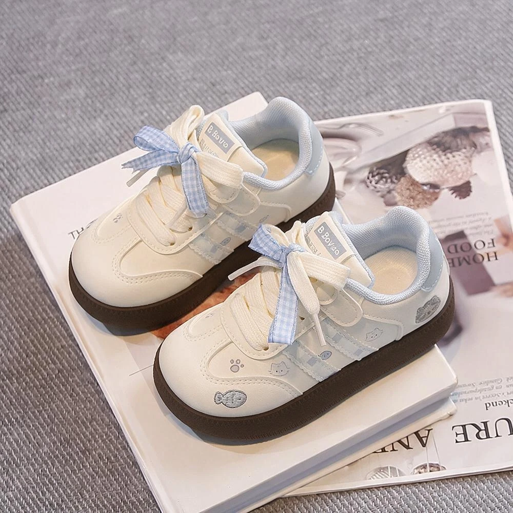 Girls Cute Cat Sneakers Kids Pink Plaid Bow Casual Shoes Lace-Up Non-Slip Walking Shoes Toddler/Little Girl Fashion Daily Wear