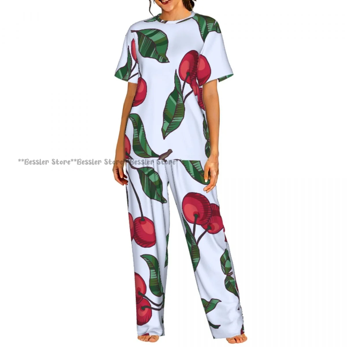 

Women's Comfort Pajamas Women's Cherry Branch With Cherries Leaves Short Sleeve Set Sleepwear
