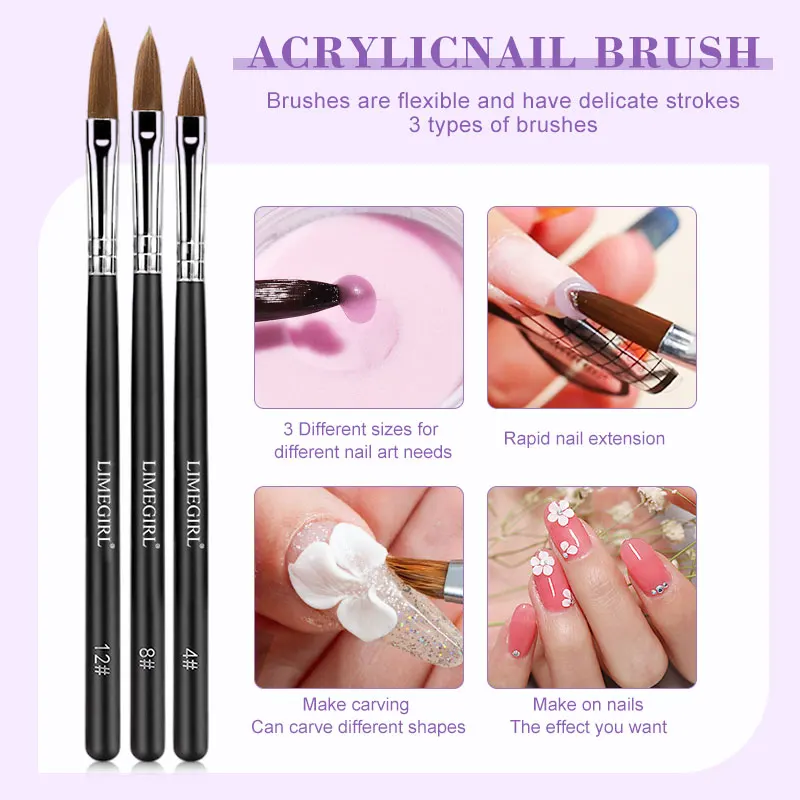 3 Colors Nail Acrylic Powder and 75ML Liquid Set with 3 pcs Nails Brushes & Drill Tools for Manicure Salon & Home Art DIY Set