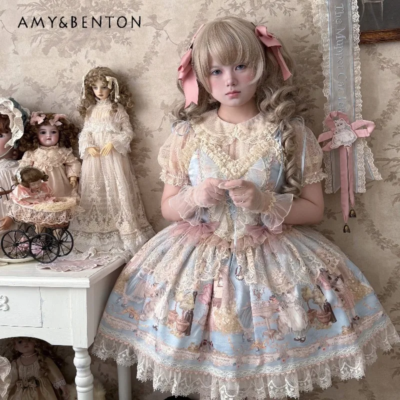 Japanese Elegant Lolita Cute Sweet Ballet Style Princess Evening dresses Sweet Bowknot Strapless Slim Mini Dress JSK Puff Dress