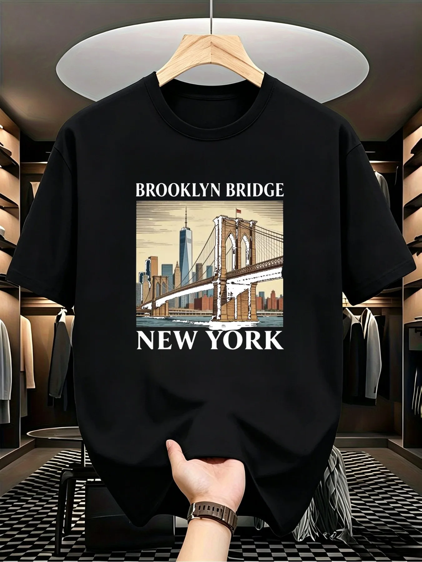 Designed for Teenagers, Men's Short-Sleeve Crew Neck T-Shirt, Black, Brooklyn Bridge Graphic Print Casual Top, Available in Multiple Sizes, Comfortable Casual Wear, Suitable for Outdoor Activities and Daily Wear, Youth Style