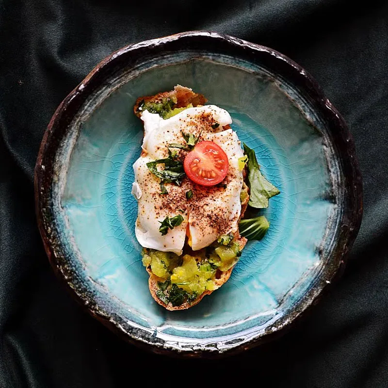 

Ceramic Advanced Sense Of Elegant Tableware Restaurant With Blue Ice Cracked Bowl Cooking Personality Unique Plate Salad Plate