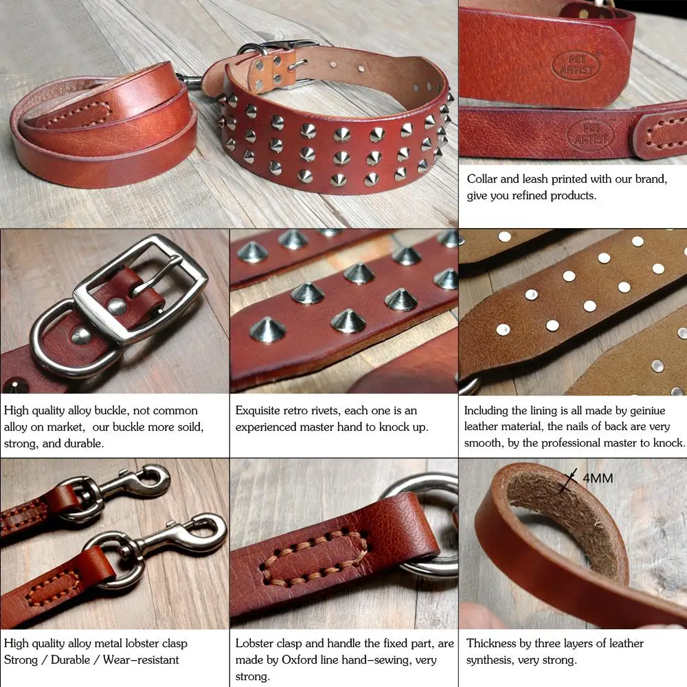 Cool Studded Genuine Leather Pet Dog Collars Leash Set For Medium Large Dog Pitbull  Boxer Bulldog S M L  Black Brown