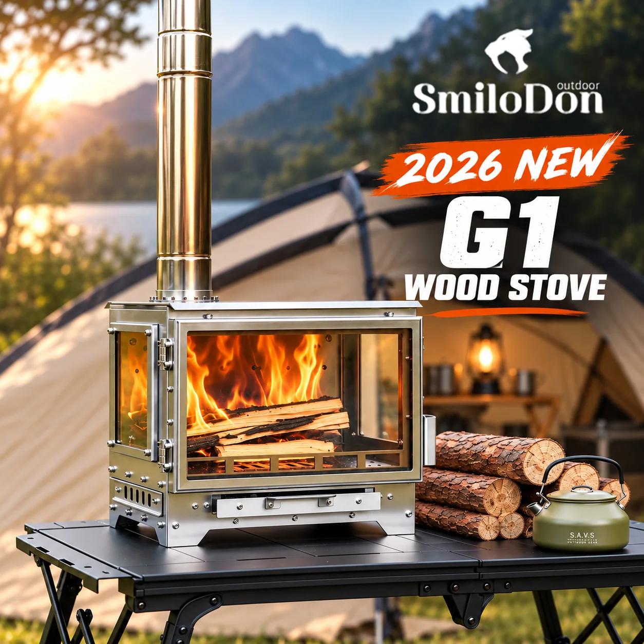 SmiloDon G1 Camping Wood Stove, 2026 New 430 SUS Tent Heater, 3-Sided Glass, Secondary Combustion, 70/75mm Chimney, Carry Bag