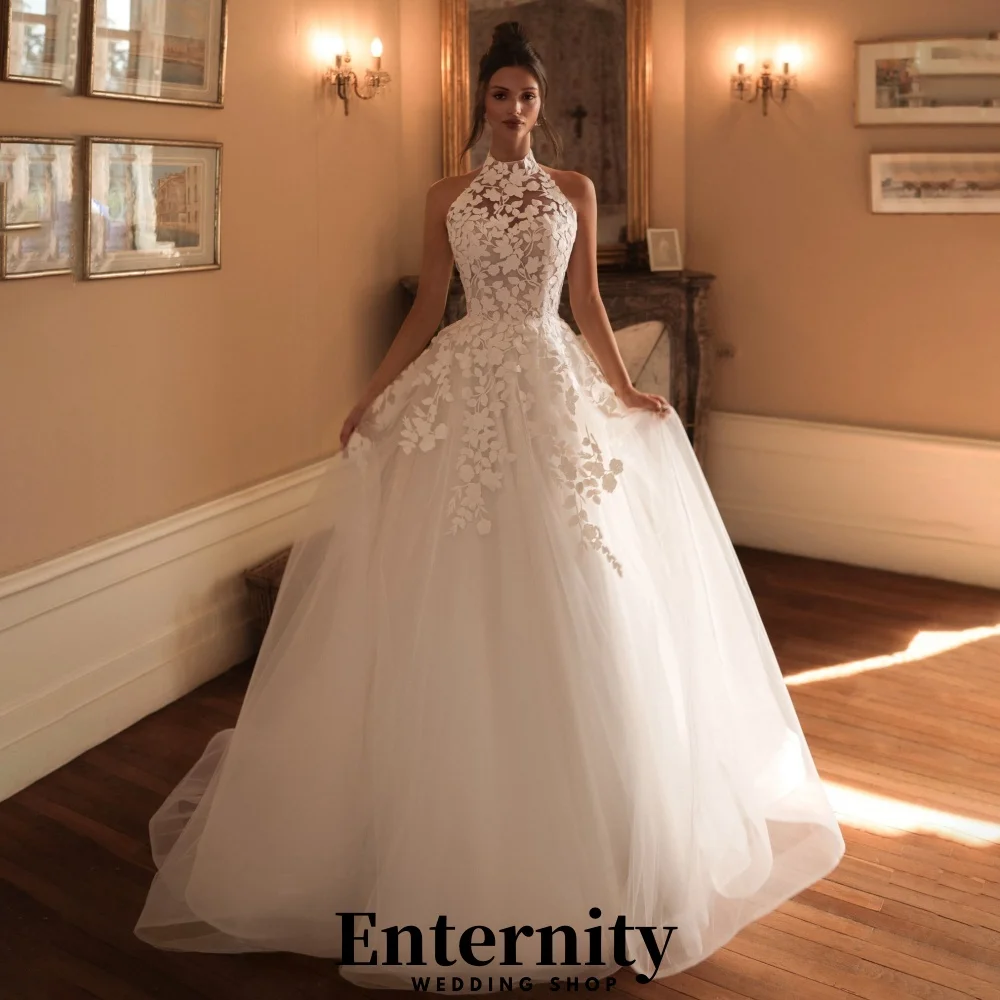 

Customized Button Wedding Dresses Halter Neck Sleeveless For Women Charming Simple Lace Applique Bridal Gowns Vestidos De Novia